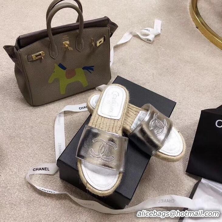 Top Grade Chanel CC Logo Leather Mules Slipper Sandals Espadrilles G34067 Silver 2019