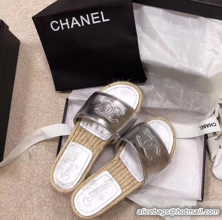 Top Grade Chanel CC Logo Leather Mules Slipper Sandals Espadrilles G34067 Silver 2019