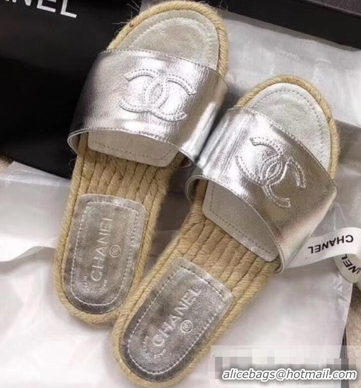 Top Grade Chanel CC Logo Leather Mules Slipper Sandals Espadrilles G34067 Silver 2019