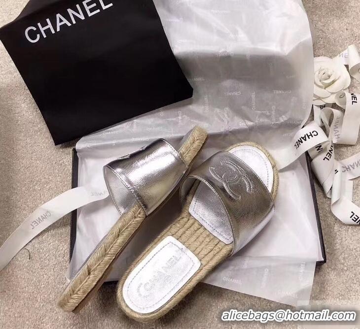 Top Grade Chanel CC Logo Leather Mules Slipper Sandals Espadrilles G34067 Silver 2019