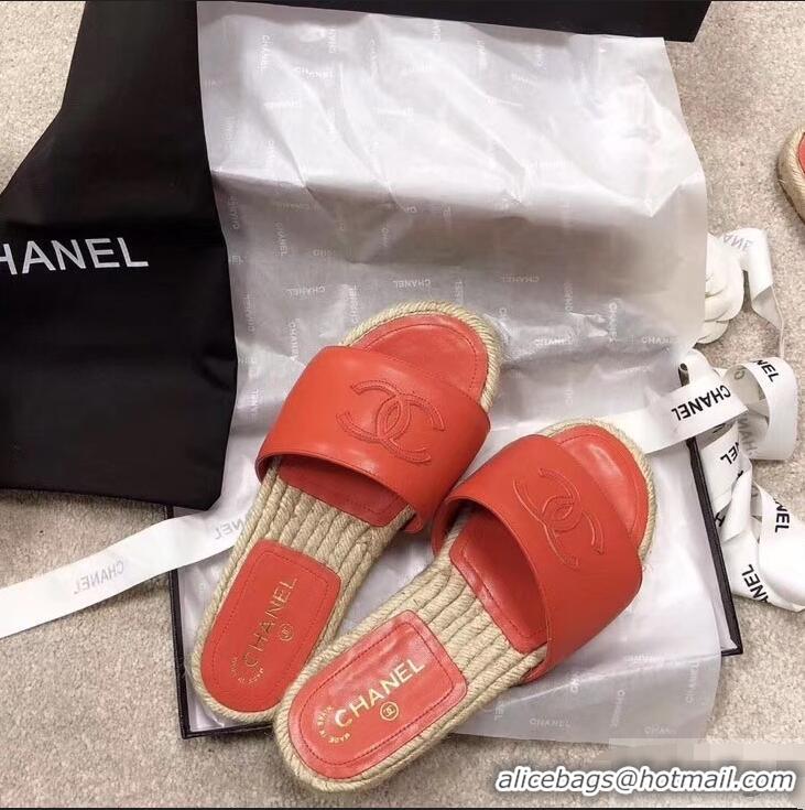 Durable Faux Chanel CC Logo Leather Mules Slipper Sandals Espadrilles G34067 Red 2019