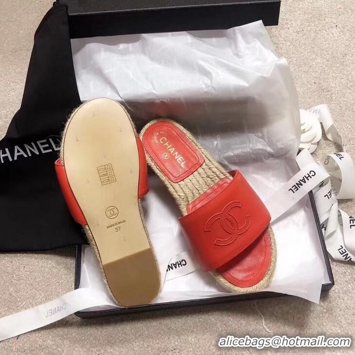 Durable Faux Chanel CC Logo Leather Mules Slipper Sandals Espadrilles G34067 Red 2019