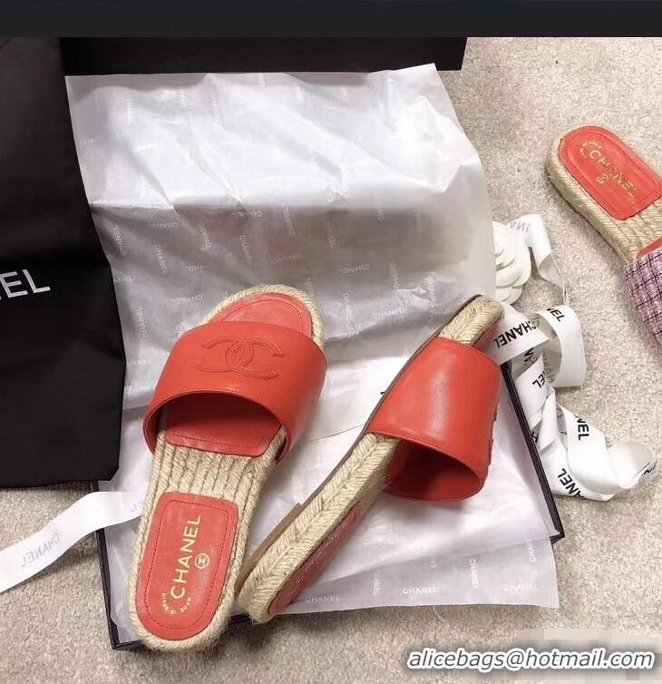 Durable Faux Chanel CC Logo Leather Mules Slipper Sandals Espadrilles G34067 Red 2019