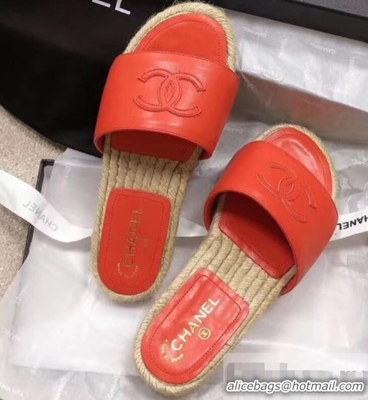 Durable Faux Chanel CC Logo Leather Mules Slipper Sandals Espadrilles G34067 Red 2019