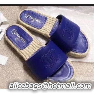 Unique Style Chanel CC Logo Leather Mules Slipper Sandals Espadrilles G34067 Blue 2019