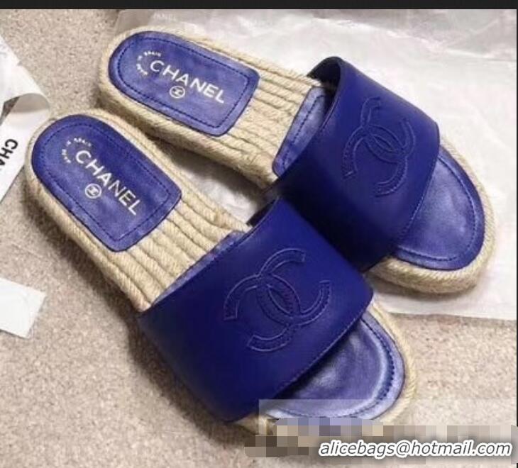 Unique Style Chanel CC Logo Leather Mules Slipper Sandals Espadrilles G34067 Blue 2019