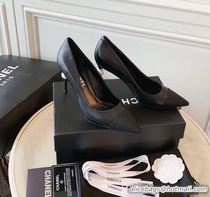 Good Looking Chanel Pearl Heel 8.5cm Pumps G31983 Black 2019