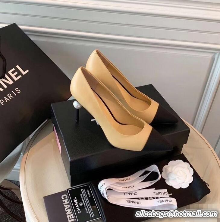 Grade Product Chanel Pearl Heel 8.5cm Pumps G31983 Apricot 2019