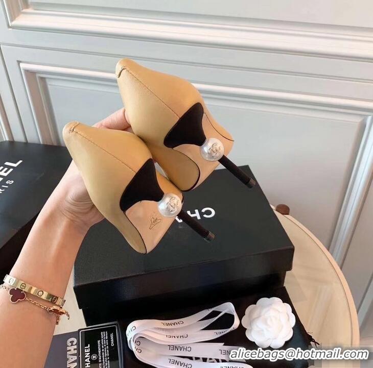 Grade Product Chanel Pearl Heel 8.5cm Pumps G31983 Apricot 2019