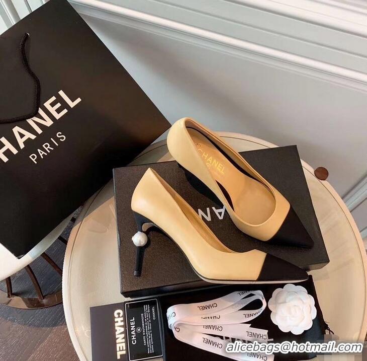 Grade Product Chanel Pearl Heel 8.5cm Pumps G31983 Apricot 2019