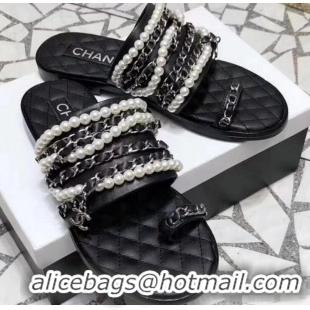 Luxury Cheap Chanel Chain and Pearl Slipper Sandals G34407 Black 2019