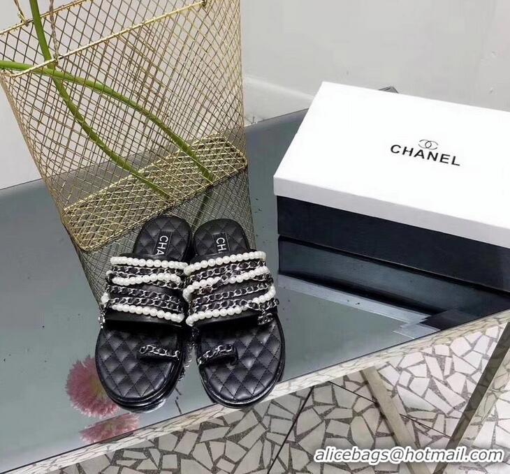 Luxury Cheap Chanel Chain and Pearl Slipper Sandals G34407 Black 2019