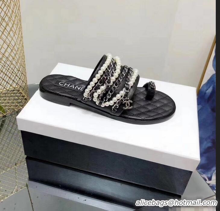 Luxury Cheap Chanel Chain and Pearl Slipper Sandals G34407 Black 2019