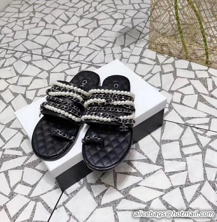 Luxury Cheap Chanel Chain and Pearl Slipper Sandals G34407 Black 2019