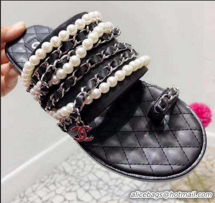 Luxury Cheap Chanel Chain and Pearl Slipper Sandals G34407 Black 2019