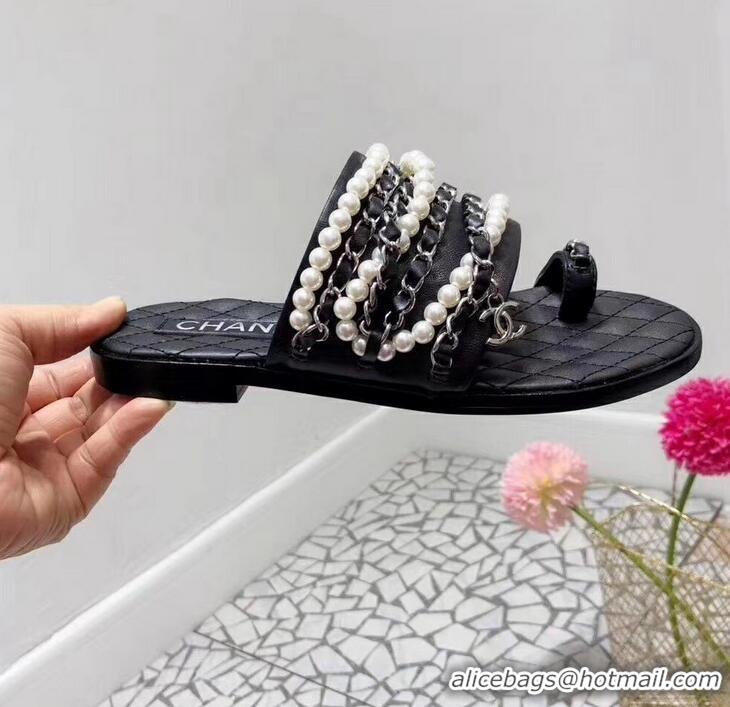 Luxury Cheap Chanel Chain and Pearl Slipper Sandals G34407 Black 2019