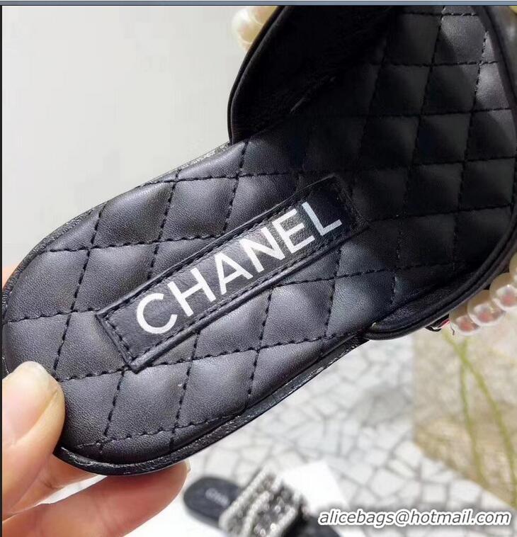 Luxury Cheap Chanel Chain and Pearl Slipper Sandals G34407 Black 2019