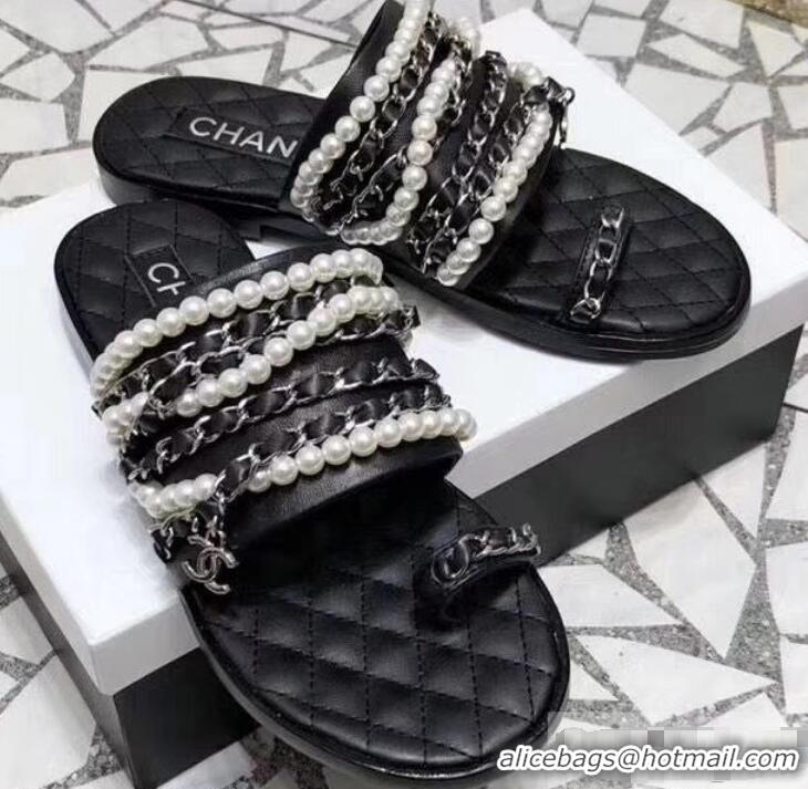 Luxury Cheap Chanel Chain and Pearl Slipper Sandals G34407 Black 2019