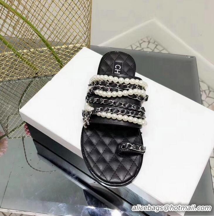 Luxury Cheap Chanel Chain and Pearl Slipper Sandals G34407 Black 2019