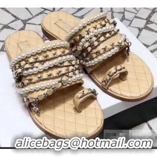 Best Imitation Chanel Chain and Pearl Slipper Sandals G34407 Beige 2019