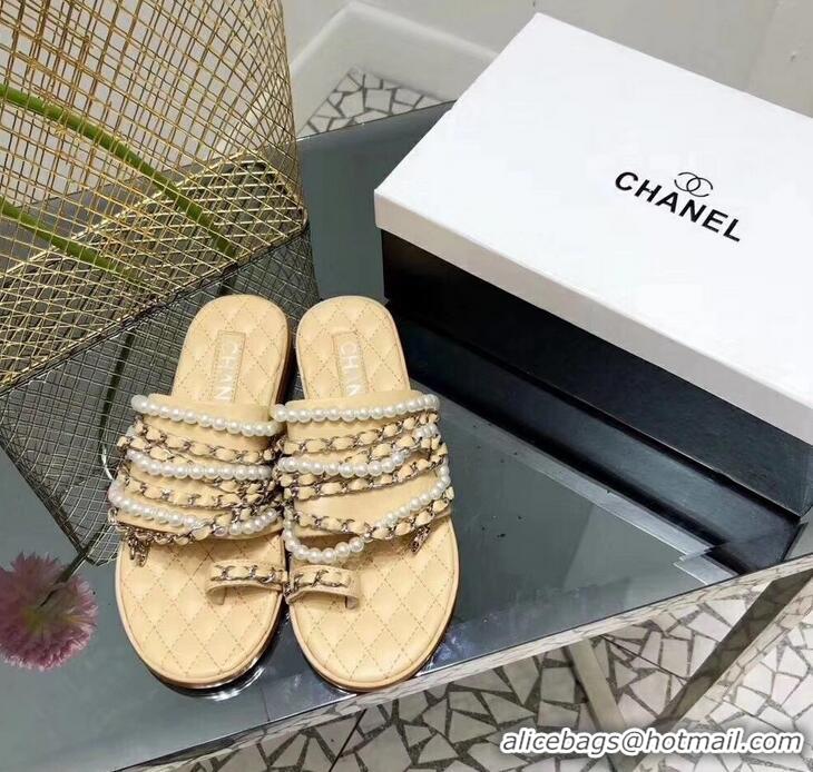 Best Imitation Chanel Chain and Pearl Slipper Sandals G34407 Beige 2019