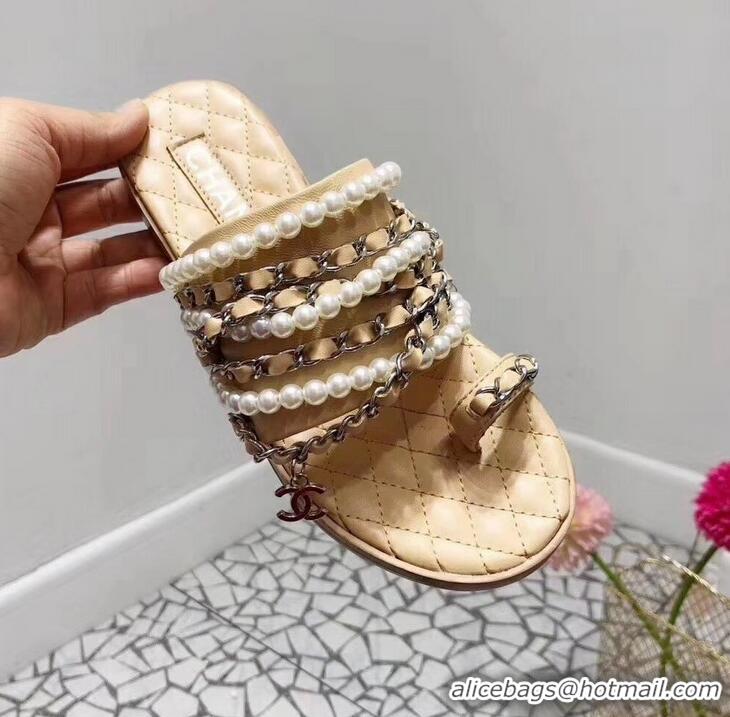 Best Imitation Chanel Chain and Pearl Slipper Sandals G34407 Beige 2019