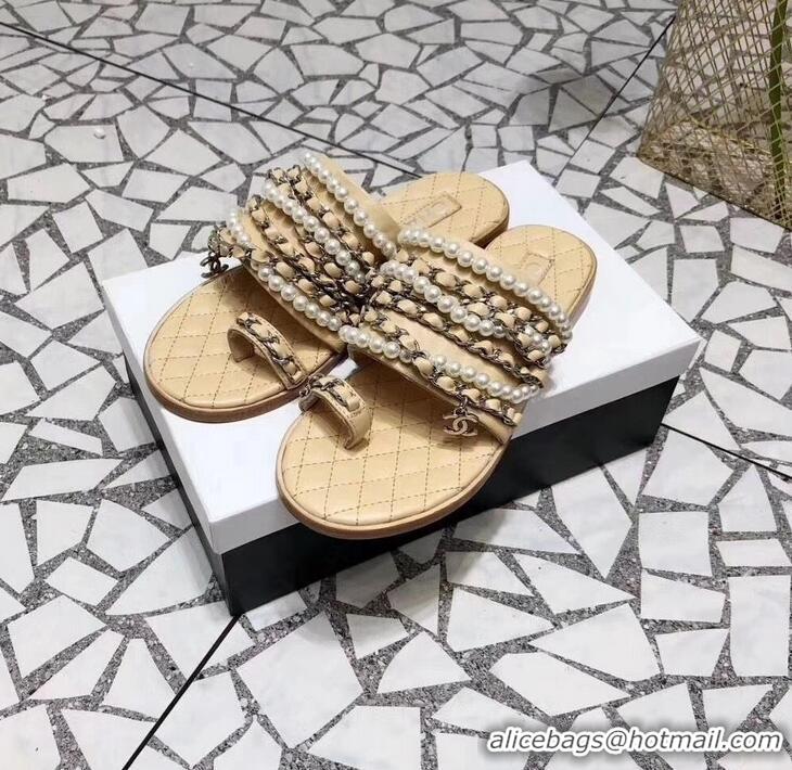 Best Imitation Chanel Chain and Pearl Slipper Sandals G34407 Beige 2019