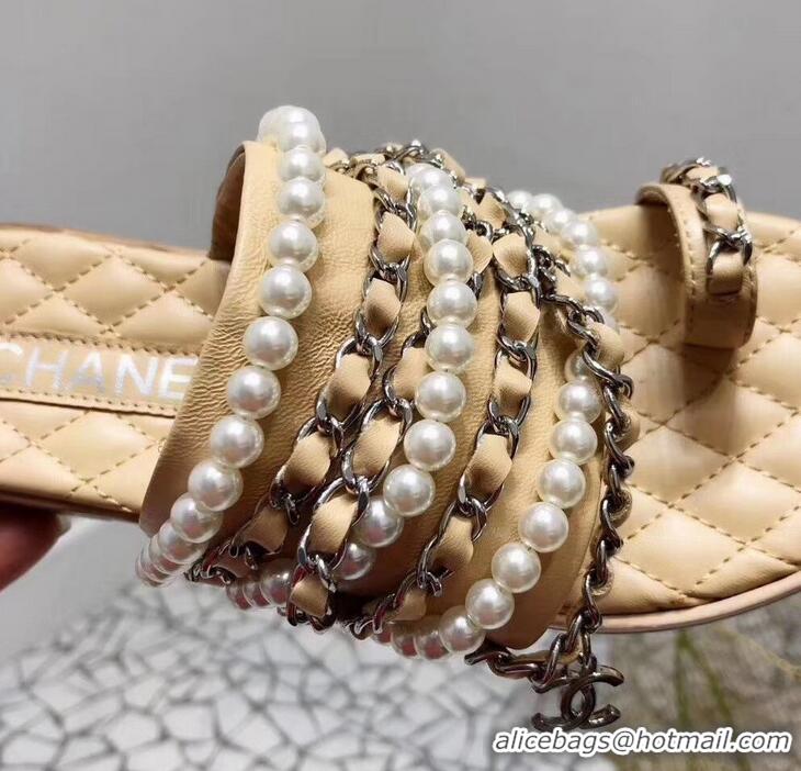 Best Imitation Chanel Chain and Pearl Slipper Sandals G34407 Beige 2019