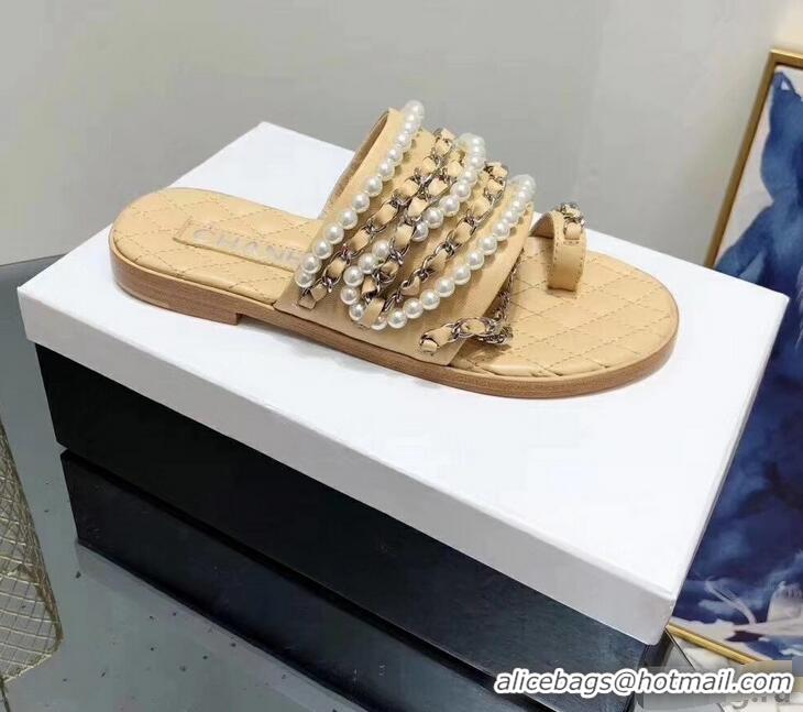 Best Imitation Chanel Chain and Pearl Slipper Sandals G34407 Beige 2019