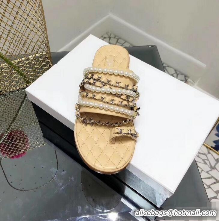 Best Imitation Chanel Chain and Pearl Slipper Sandals G34407 Beige 2019