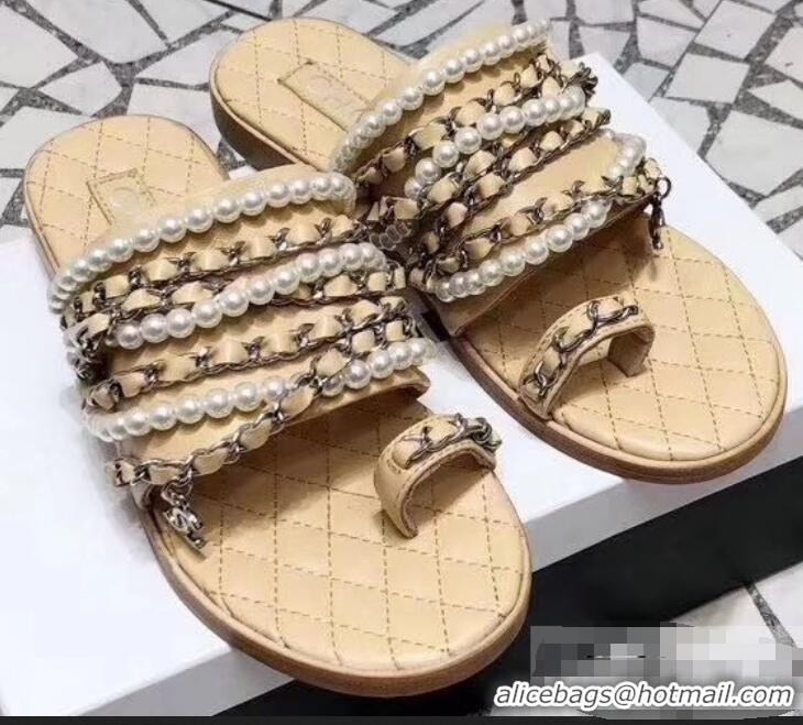 Best Imitation Chanel Chain and Pearl Slipper Sandals G34407 Beige 2019