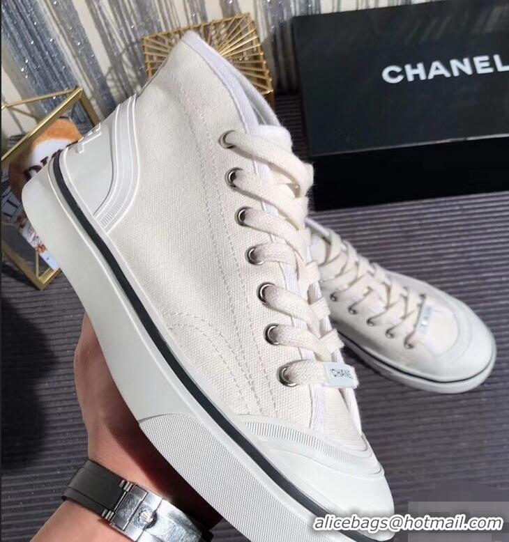 Chic Reproduction Chanel Logo High-Top Sneakers G34761 Fabric White 2019