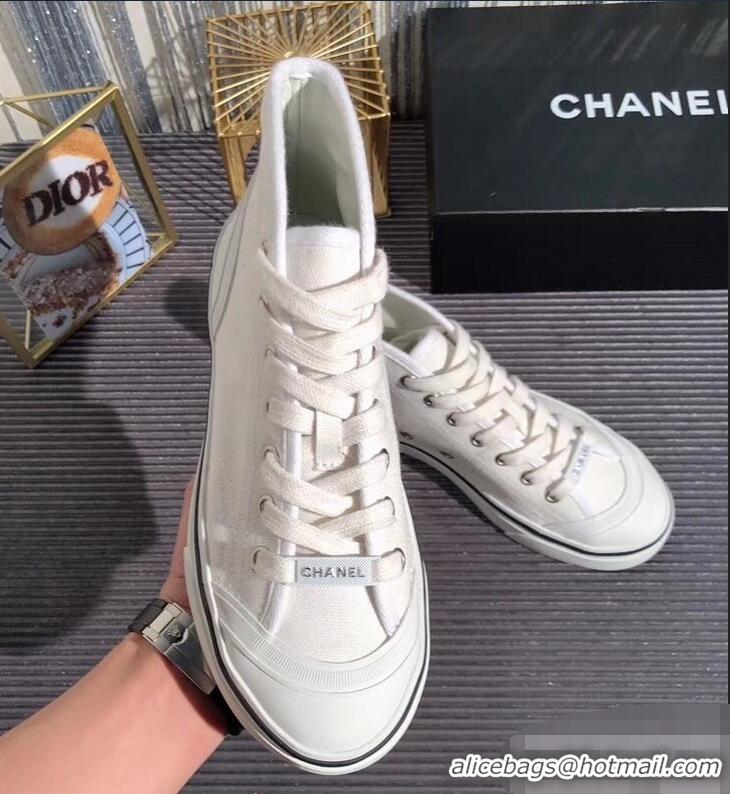 Chic Reproduction Chanel Logo High-Top Sneakers G34761 Fabric White 2019