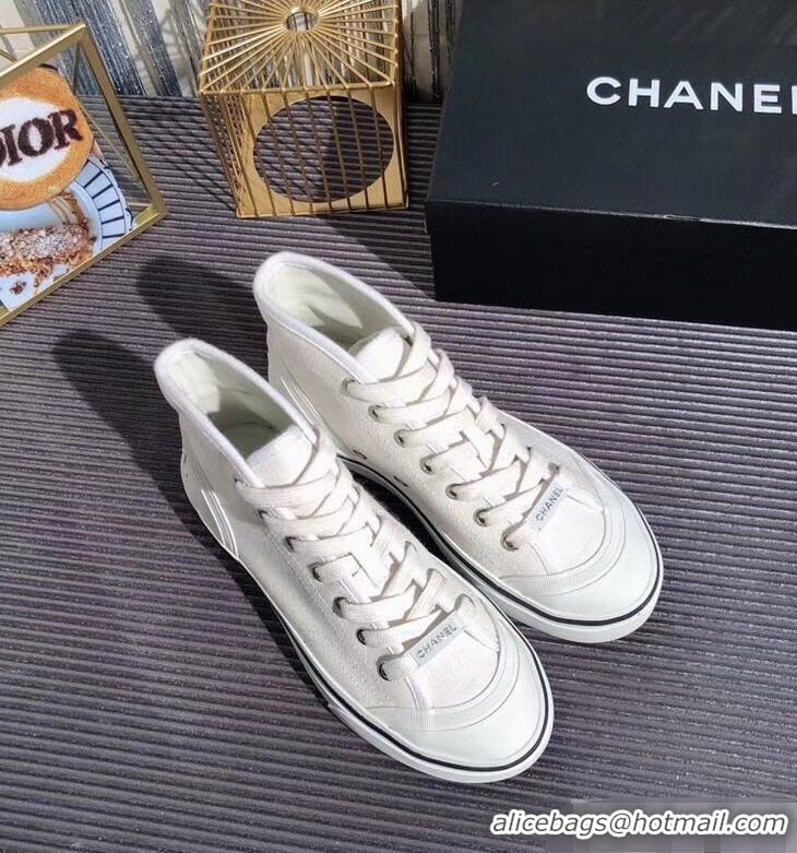 Chic Reproduction Chanel Logo High-Top Sneakers G34761 Fabric White 2019