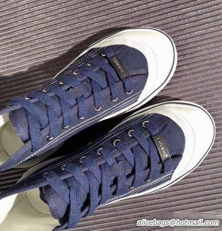 Shop Duplicate Chanel Logo High-Top Sneakers G34761 Fabric Dark Blue 2019