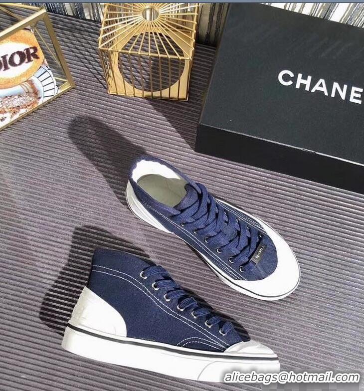 Shop Duplicate Chanel Logo High-Top Sneakers G34761 Fabric Dark Blue 2019