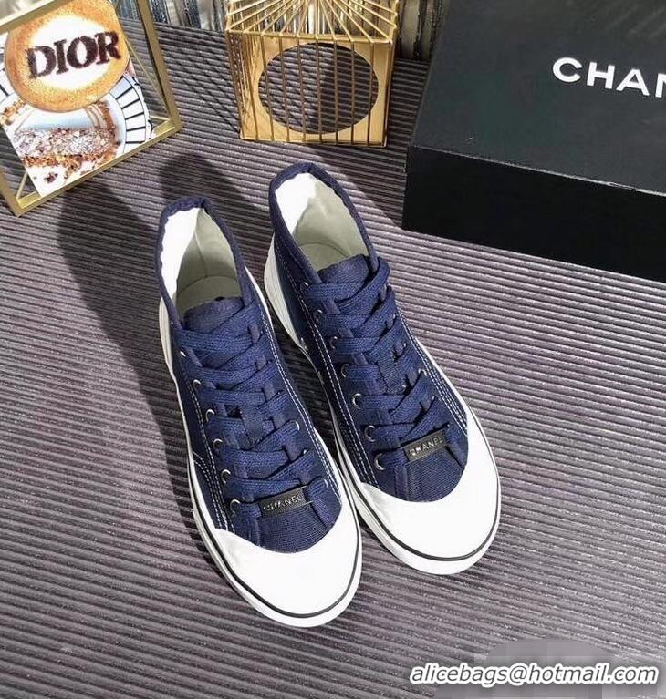 Shop Duplicate Chanel Logo High-Top Sneakers G34761 Fabric Dark Blue 2019