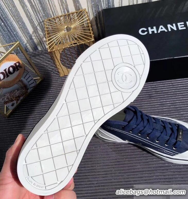 Shop Duplicate Chanel Logo High-Top Sneakers G34761 Fabric Dark Blue 2019