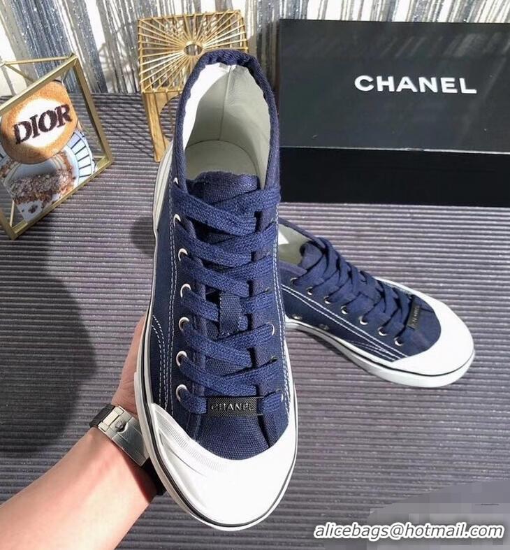 Shop Duplicate Chanel Logo High-Top Sneakers G34761 Fabric Dark Blue 2019