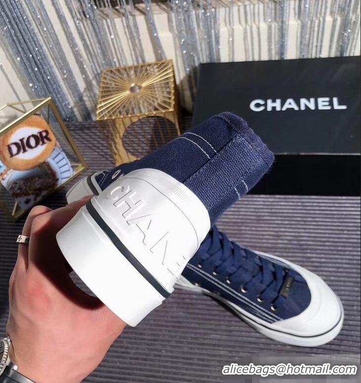 Shop Duplicate Chanel Logo High-Top Sneakers G34761 Fabric Dark Blue 2019