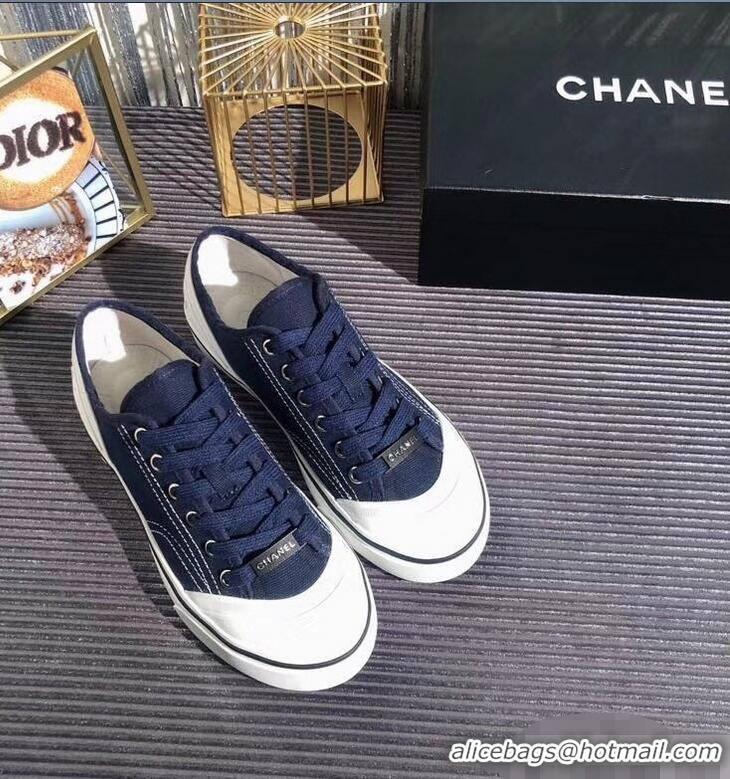 Top Design Chanel Logo Sneakers G34760 Fabric Dark Blue 2019