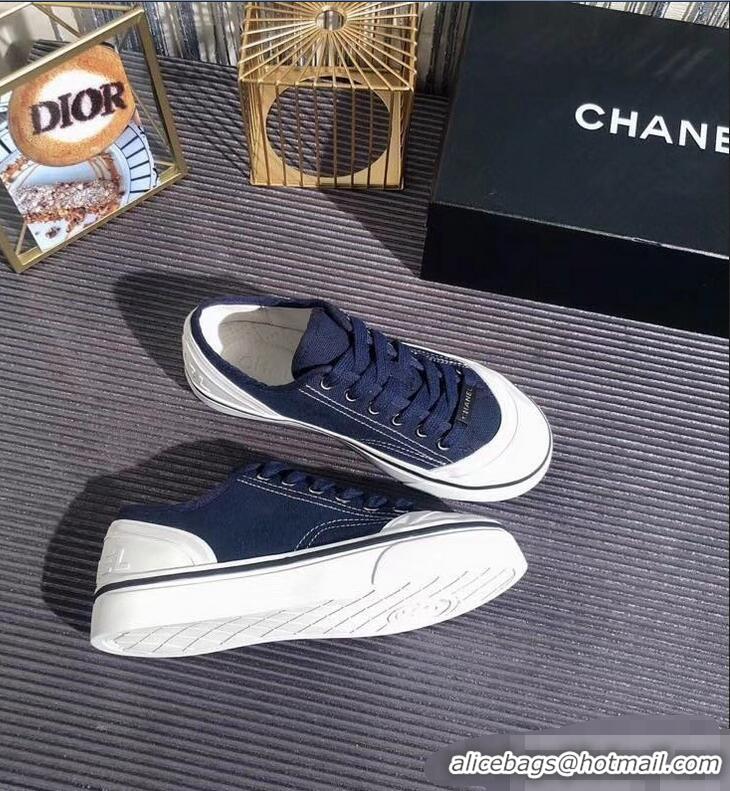 Top Design Chanel Logo Sneakers G34760 Fabric Dark Blue 2019