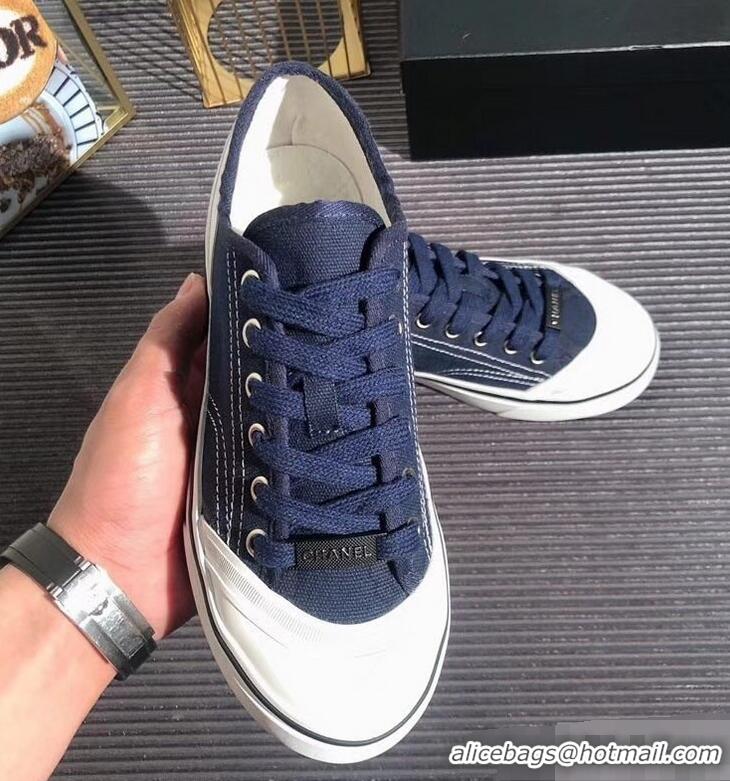 Top Design Chanel Logo Sneakers G34760 Fabric Dark Blue 2019