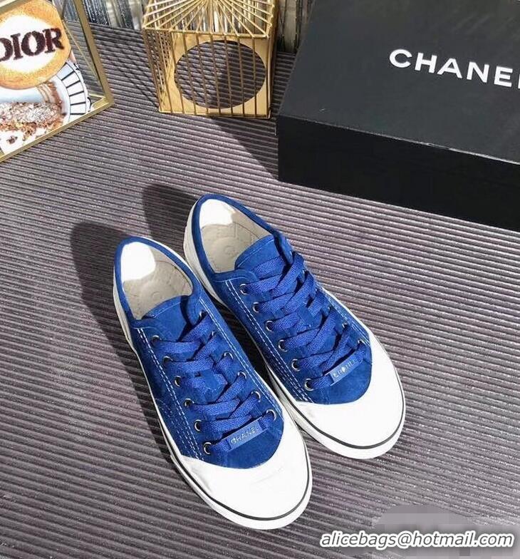 Cheap Price Chanel Logo Sneakers G34760 Suede Calfskin Blue 2019