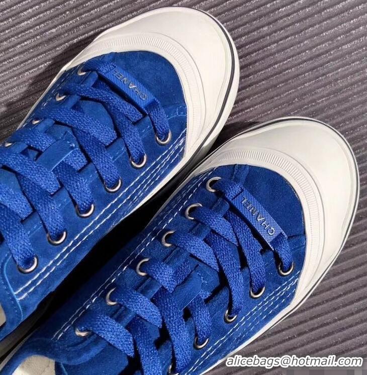 Cheap Price Chanel Logo Sneakers G34760 Suede Calfskin Blue 2019