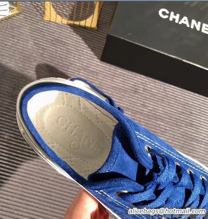 Cheap Price Chanel Logo Sneakers G34760 Suede Calfskin Blue 2019