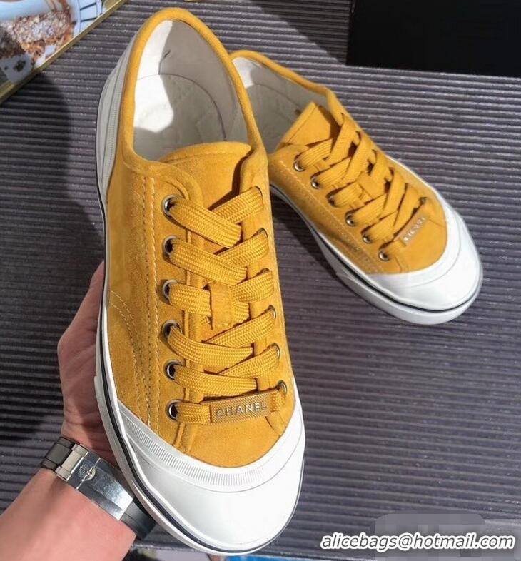 Unique Discount Chanel Logo Sneakers G34760 Suede Calfskin Yellow 2019