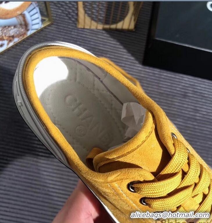 Unique Discount Chanel Logo Sneakers G34760 Suede Calfskin Yellow 2019