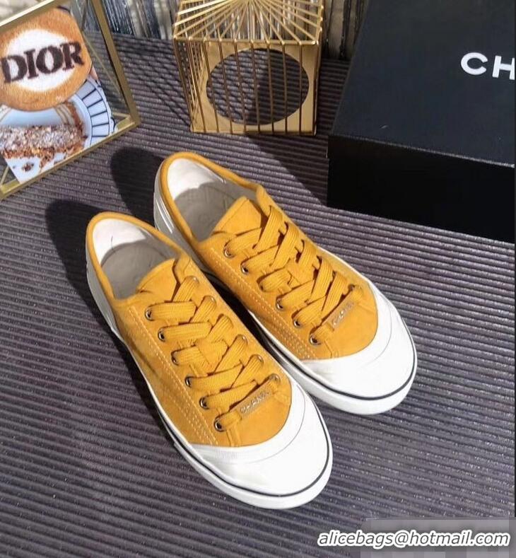 Unique Discount Chanel Logo Sneakers G34760 Suede Calfskin Yellow 2019