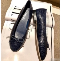 Low Price Chanel Crocodile Pattern Classic Bow Ballerinas Flats G31503 Navy Blue